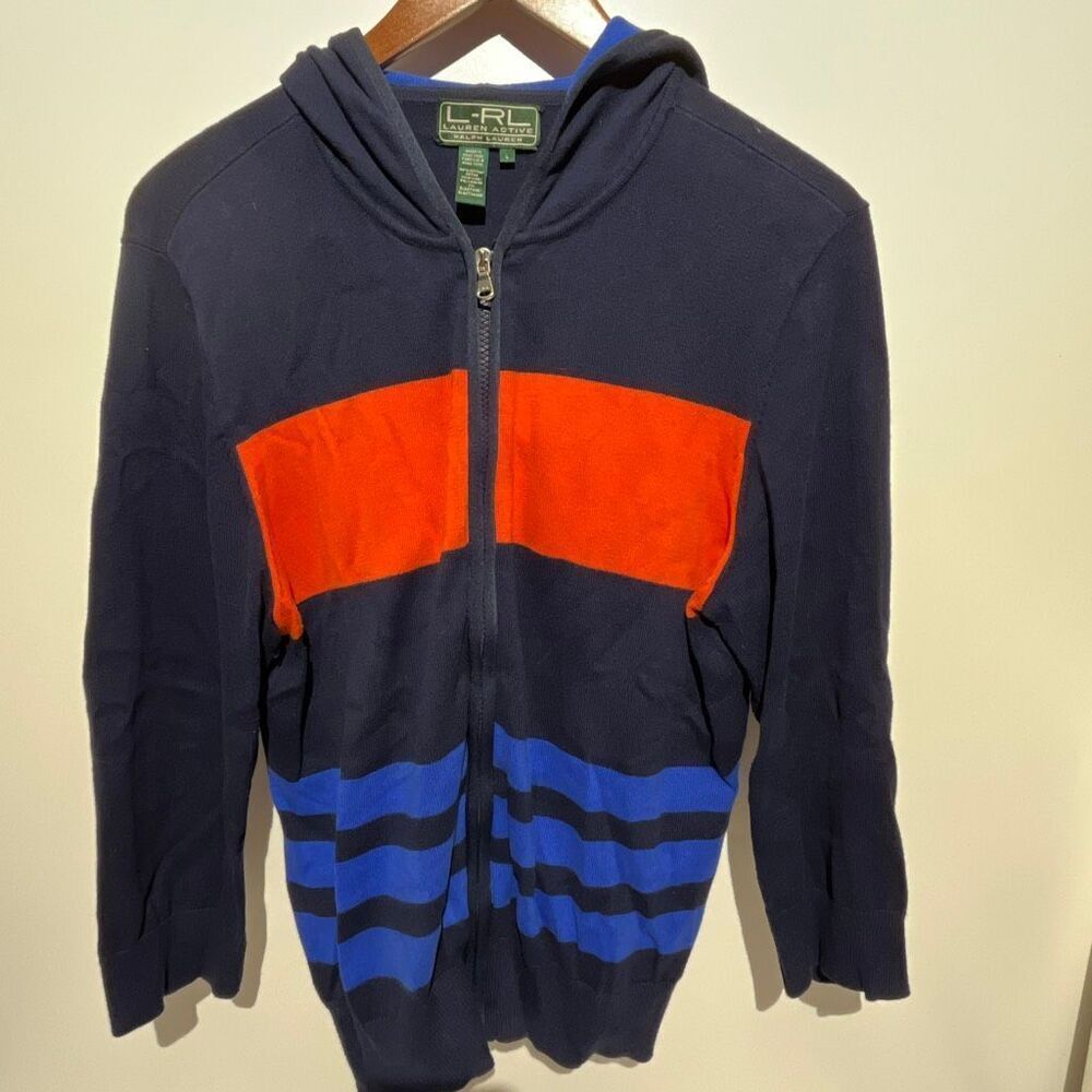 Lauren Ralph Lauren Active Women's Stripe Full Zip Knit Hooded Sweater Large